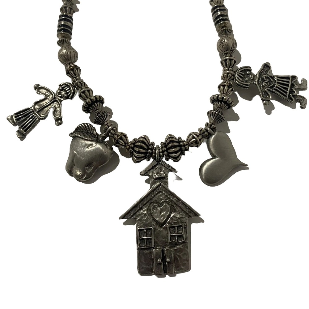 Marcie USA Handcrafted Pewter Necklace TEACHER GIFT Heavy School 5 Charms Vtg
